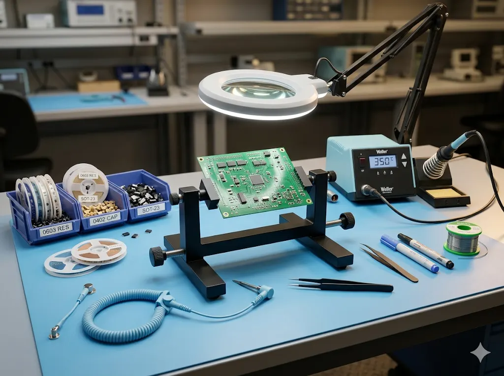Pracovisko elektroniky so súčiastkami a spájkovacou stanicou
